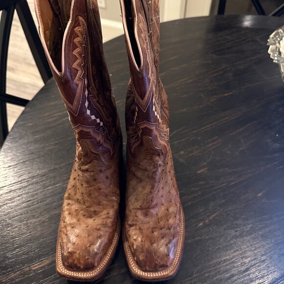 Lucchese Brown Full Quill Ostrich Square Toe Boots, 7B - Picture 3 of 3